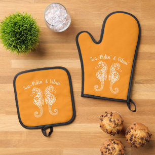 Seahorses-Hawaiian-Fisherman Core-Orange Oven Mitt & Pot Holder Set