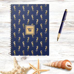 Seahorses in Elegant Navy n Gold Monogram Initial Notebook