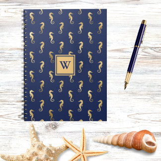Seahorses in Elegant Navy n Gold Monogram Initial Notebook
