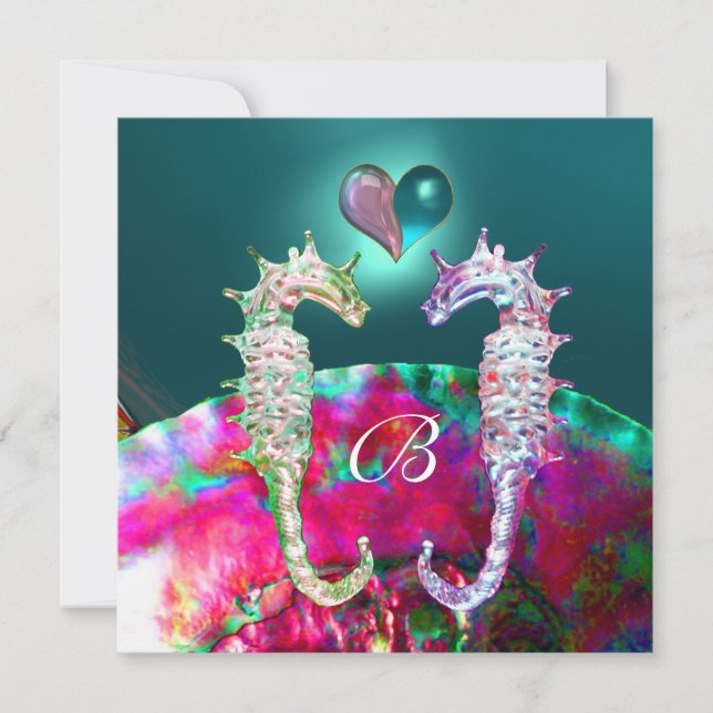 SEAHORSES IN LOVE BEACH WEDDING MONOGRAM INVITATION (Front)