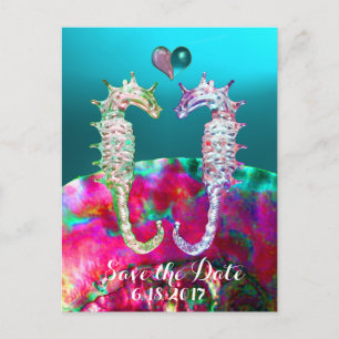 SEAHORSES IN LOVE,BLUE PINK NACRE,Save the Date Announcement Postcard