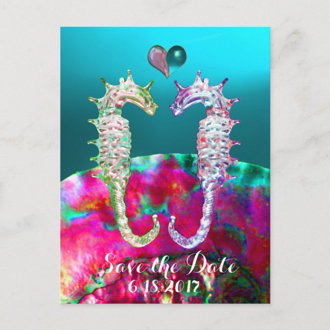 SEAHORSES IN LOVE,BLUE PINK NACRE,Save the Date Announcement Postcard (Front)