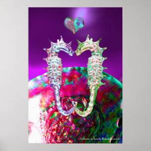 SEAHORSES IN LOVE PINK BLUE PURPLE MOTHER OF PEARL POSTER