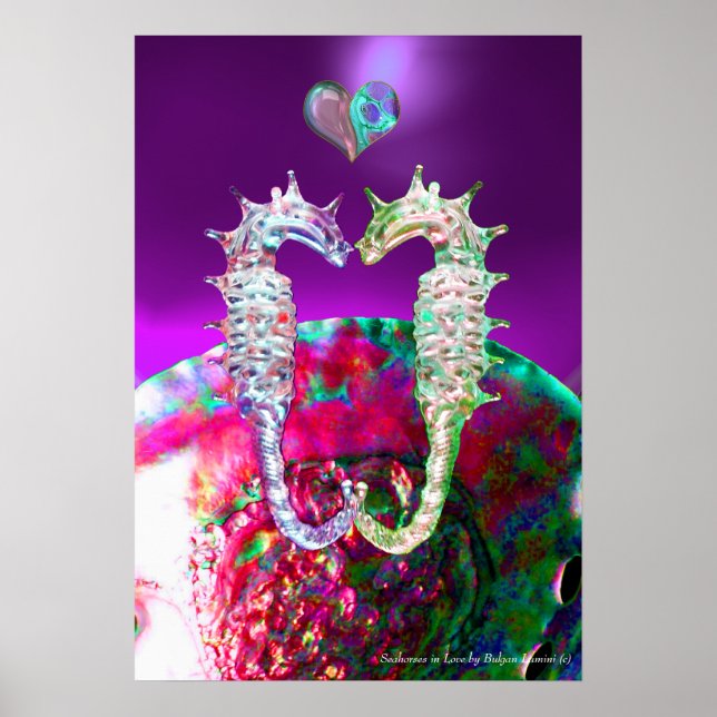 SEAHORSES IN LOVE PINK BLUE PURPLE MOTHER OF PEARL POSTER (Front)