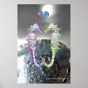 SEAHORSES IN LOVE PINK FUCHSIA MOTHER OF PEARL POSTER