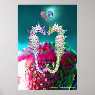 SEAHORSES IN LOVE , PINK TEAL BLUE MOTHER OF PEARL POSTER