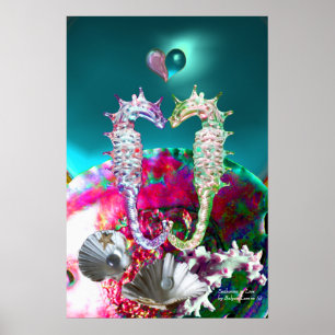 SEAHORSES IN LOVE , PINK TEAL BLUE MOTHER OF PEARL POSTER