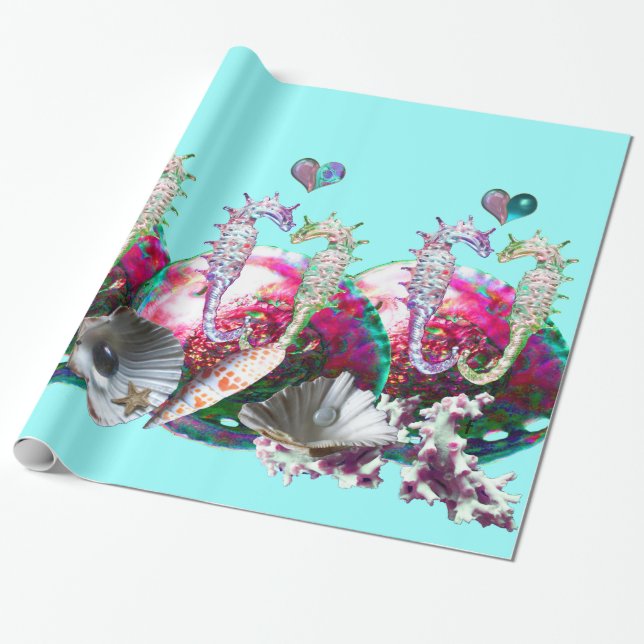 SEAHORSES IN LOVE , PINK TEAL BLUE MOTHER OF PEARL WRAPPING PAPER (Unrolled)