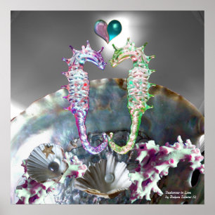 SEAHORSES IN LOVE , PINK WHITE MOTHER OF PEARL POSTER