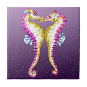 Seahorses Kiss Purple Ceramic Tile