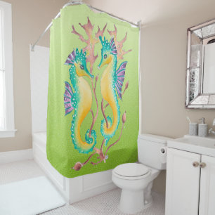 seahorses lime stained glass shower curtain