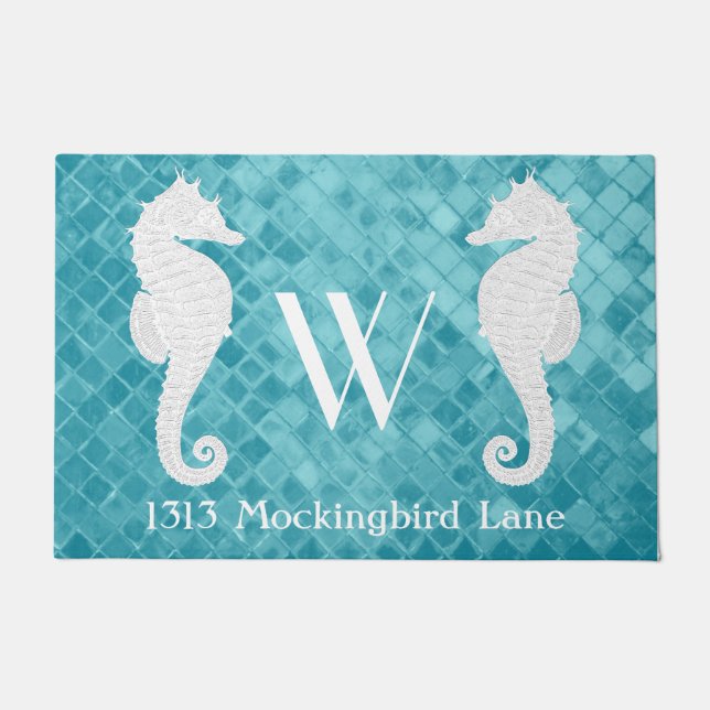 Seahorses Monogram Aqua Sea Glass Doormat (Front)