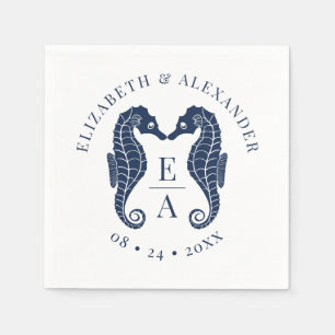 Seahorses Monogram Beach Wedding Navy Blue Napkin