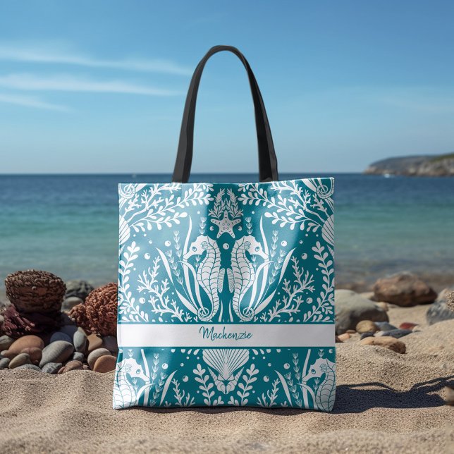 Seahorses Ocean Sea Life Teal Blue Add Your Name Tote Bag (Creator Uploaded)