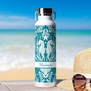 Seahorses Ocean Sea Life Teal Blue Personalised Water Bottle