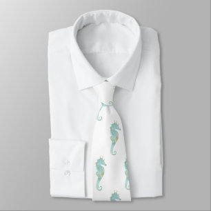 Seahorses on White Wedding Neck Tie