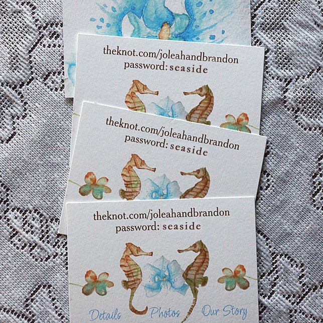 Seahorses, Orchid Turquoise Beach Wedding Website Advice Card (Beach wedding URL card with seahorses and turquoise orchid. Seahorses are painted male & female. )