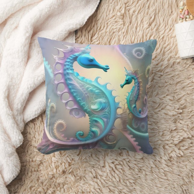 Seahorses Pastel Fractal Art, Cushion (Blanket)
