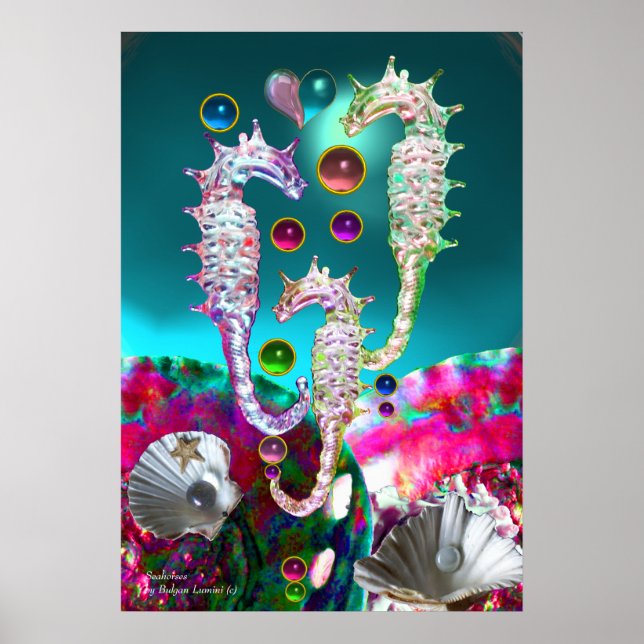 SEAHORSES , PINK TEAL BLUE MOTHER OF PEARL POSTER (Front)
