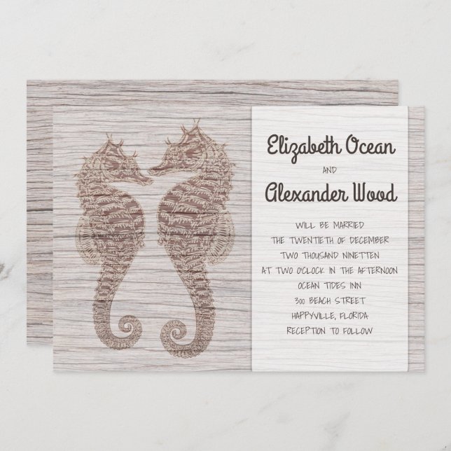 Seahorses Rustic Driftwood Wedding Invitation (Front/Back)