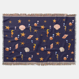 Seahorses, sea stars & shells on navy blue throw blanket