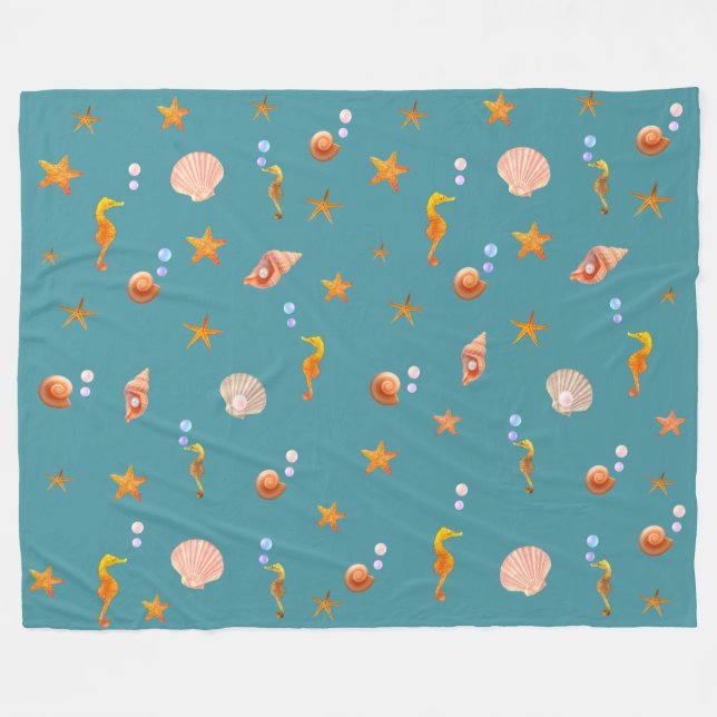 Seahorses, shells & sea stars on  teal turquoise fleece blanket (Front (Horizontal))