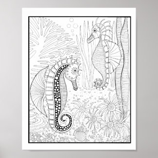 Seahorses Underwater Scene Colouring Page Art Poster