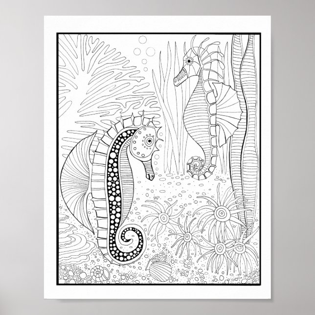 Seahorses Underwater Scene Colouring Page Art Poster (Front)