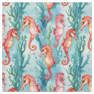 Seahorses With Bubbles and Seaweed Plant Life Fabric