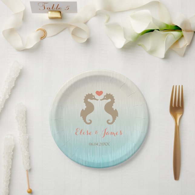 Seahorses With Custom Names And Date Wedding Paper Plate (Wedding)