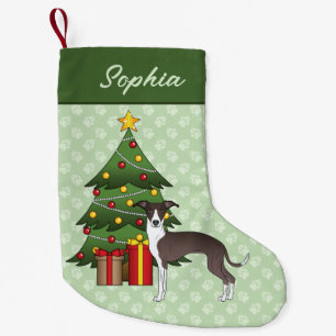 Seal And White Italian Greyhound & Christmas Tree Small Christmas Stocking