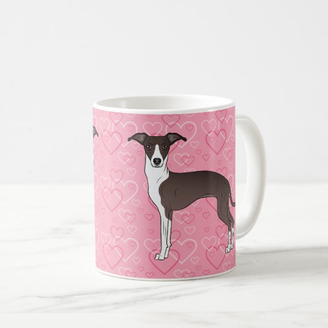 Seal And White Italian Greyhound On Pink Hearts Coffee Mug (Front Right)