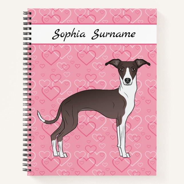 Seal And White Italian Greyhound On Pink Hearts Notebook (Front)