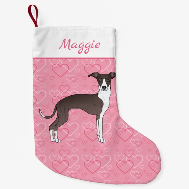 Seal And White Italian Greyhound On Pink Hearts Small Christmas Stocking (Front)