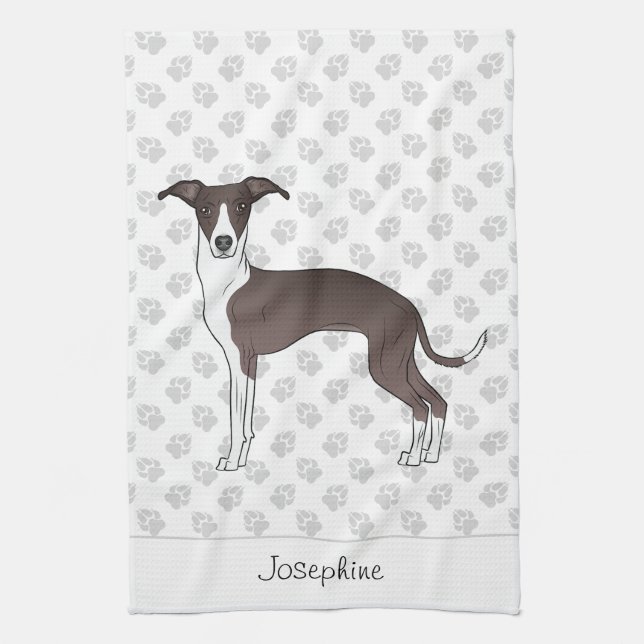 Seal And White Italian Greyhound With Custom Name Tea Towel (Vertical)
