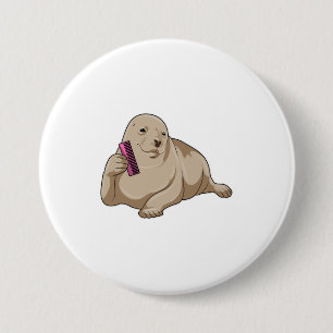 Seal as Hairdresser with Comb 7.5 Cm Round Badge