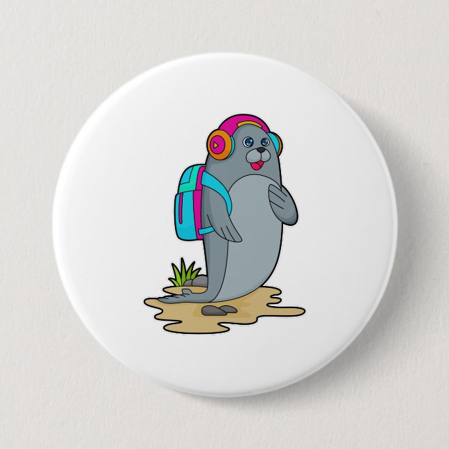 Seal as Hiker with Backpack 7.5 Cm Round Badge (Front)
