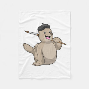 Seal as Painter with Paint brush Fleece Blanket