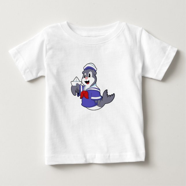 Seal as Sailor with Boat Baby T-Shirt (Front)