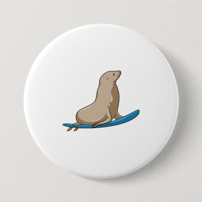 Seal as Surfer with Surfboard 7.5 Cm Round Badge (Front)