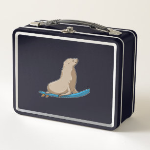 Seal as Surfer with Surfboard Metal Lunch Box