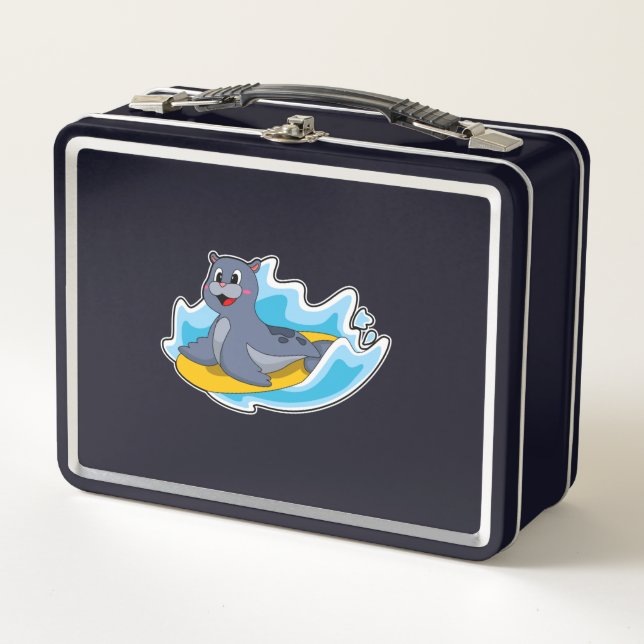 Seal as Surfer with Surfboard Metal Lunch Box (Front)