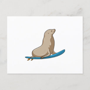 Seal as Surfer with Surfboard Postcard
