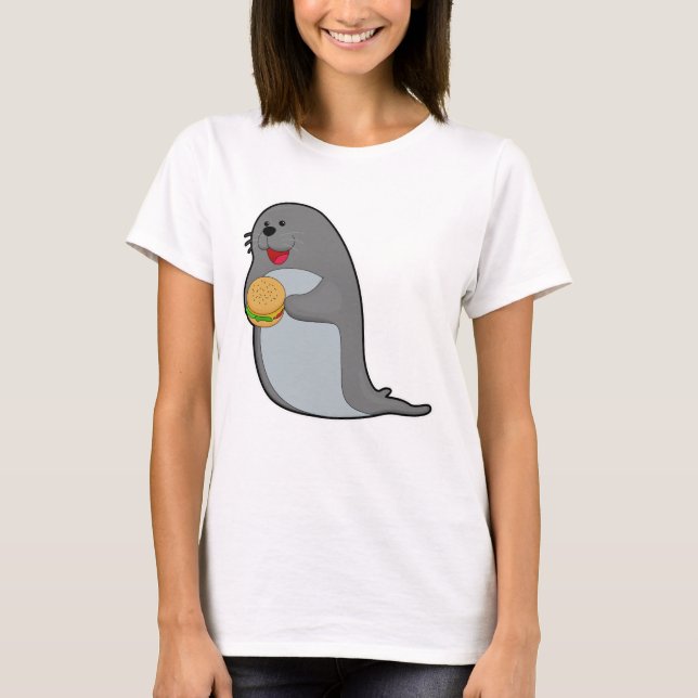 Seal at Eating with Burger T-Shirt (Front)