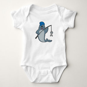 Seal at Fishing with Fishing rod & Fish Baby Bodysuit