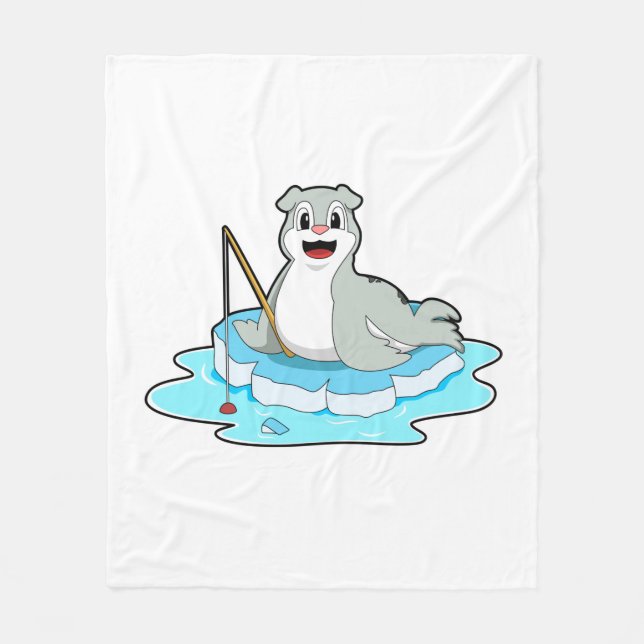 Seal at Fishing with Fishing rod Fleece Blanket (Front)