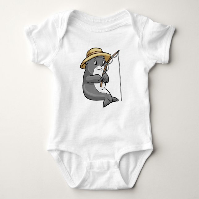 Seal at Fishing with Fishing rod & Hat Baby Bodysuit (Front)