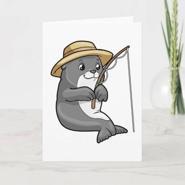 Seal at Fishing with Fishing rod & Hat Card (Front)