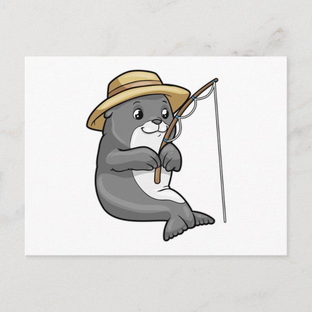 Seal at Fishing with Fishing rod & Hat Postcard (Front)
