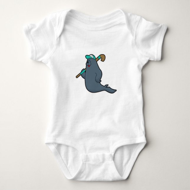 Seal at Hockey with Hockey stick Baby Bodysuit (Front)